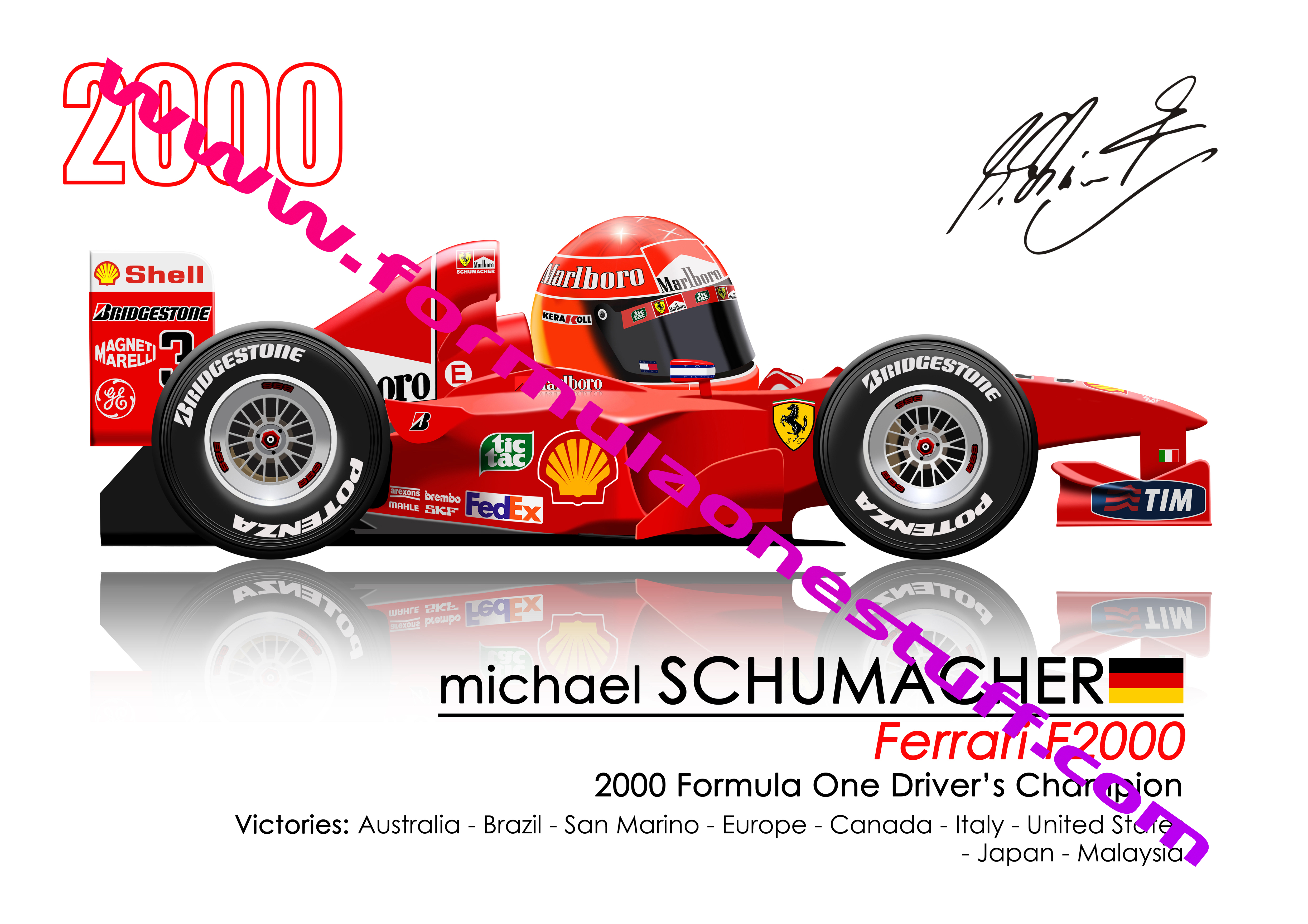 Signed TOONZ Ferrari Michael Schumacher 2000 F1 driver cartoon poster – limited edition A3 satin print